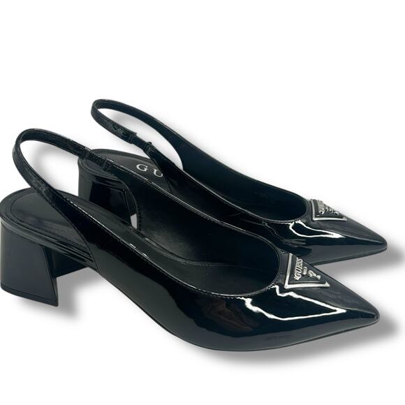 GUESS Zanda Slingback Block Heel Pumps Black Patent Size 7.5 Pointy Toe Heels - Picture 12 of 12